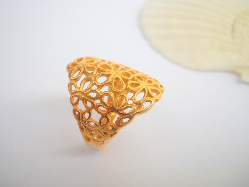 Gold filigree flowers ring, Gold plated Sterling Silver ring. Gold flowers ring, Silversmith jewelry, Gold wedding ring, golden lace ring image 3