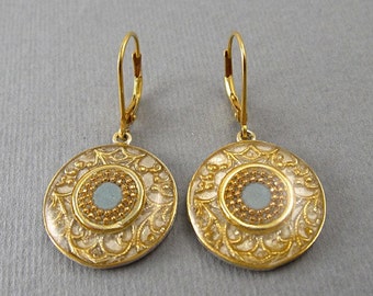 Golden filigree earrings with grey center encircled with golden dots, Dangle sterling silver earrings, leverback earrings