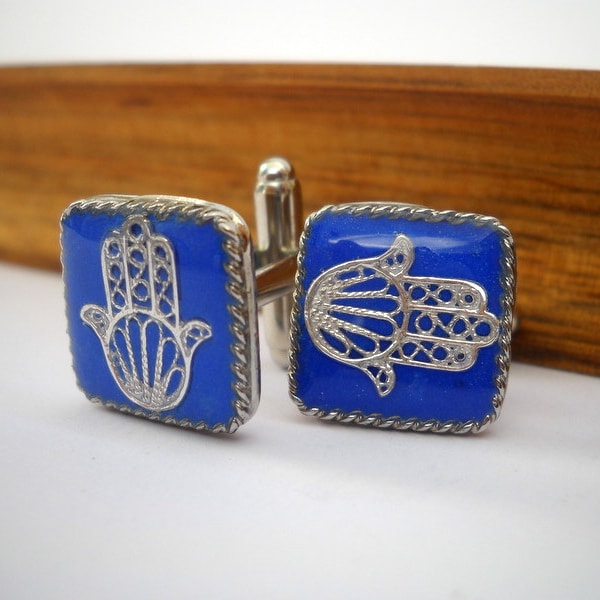 Square cufflinks with a Hamsa hand for men , Handmade cuff links in siver & blue by Hila Welner , Great gift for men.