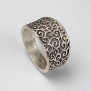Oxidized Silver Ring, Wide Silver Ring, Silver Wedding Ring, Filigree Ring