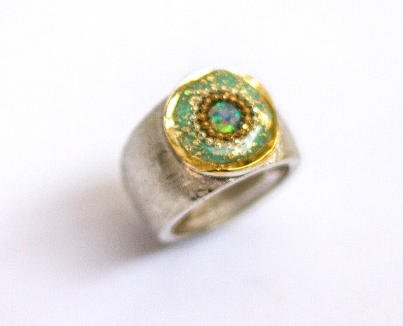 Turquoise Opal Silver Ring Mint Green Top With Gold Leafs and - Etsy