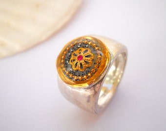 Boho Ring, Unique Ring, Resin Ring, Gold Silver Ring, Flower Ring, Bohemian Ring, Sterling Silver Ring, Wide Ring, Israeli Jewelry, Modern