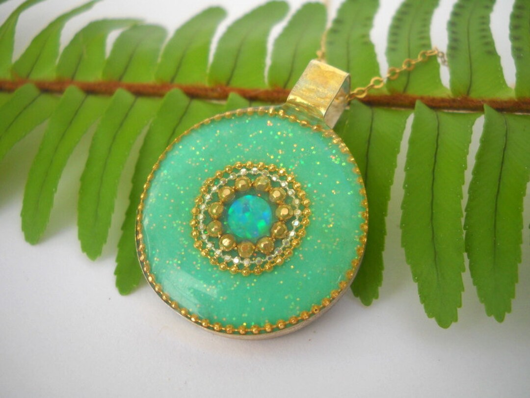 Green Necklace, Opal Pendant Necklace, Gold Pendant Necklace, Mint