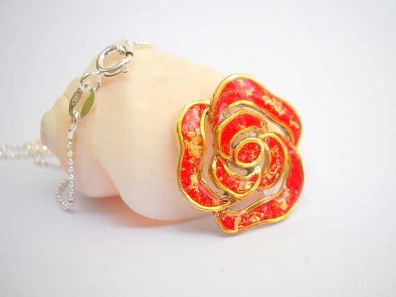ONEFINTIY Collana Con Rosa Rossa In Argento Sterling 925 - Ciondolo Fiore Smaltato Rosso, Catena 18+2 Pollici, Gioiello Romantico Per Donne, Regalo In Scatola