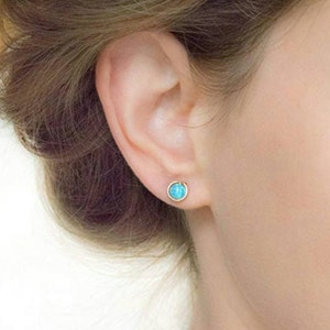 Opal studs tiny post silver earrings sparkly blue green opal studs, Round Sterling silver post earrings inlaid with blue opals 6mm stone