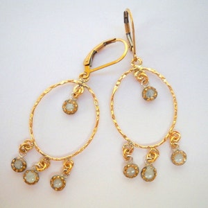 Gold white oriental earrings, Gold filled earrings with white beads, Dangle Gypsy style earrings, Chandelier earrings