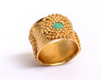 Wide gold ring, Turquoise and gold ring, Unique gold ring, Antique style ring, Ethnic ring