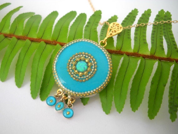 Opal pendant Teal Mint pendant Sterling silver pendant necklace, Blue mint dangling round pendant set with opal gem, Gold filled necklace