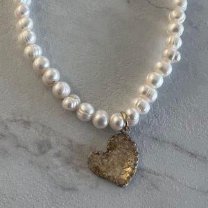 Heart Pendant Necklace, Fresh Pearl Boho Necklace, Pearl Heart Charm Necklace, Gold & Rose Gold, Christmas Gift for Her