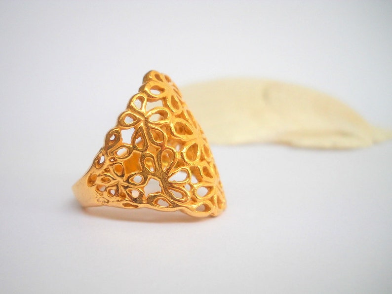 Gold filigree flowers ring, Gold plated Sterling Silver ring. Gold flowers ring, Silversmith jewelry, Gold wedding ring, golden lace ring image 1