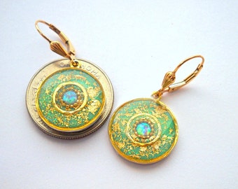 Opal Gold Leaf Earrings, Sterling Silver Mint Green Dangles