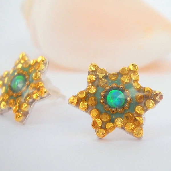 Star of david stud earrings, ,star of david earrings  with turquoise Opal, Gold 14k plated Sterling silver earrings, dotted star