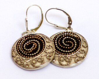 Sterling Silver Dangle Earrings, Black Resin, Filigree, Boho Chic