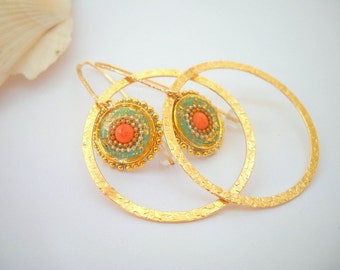 Orange coral earrings - Goldfilled hoops & sterling silver circle - dangle earrings with long hooks - red green earrings