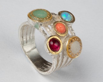 Colorful circles ring in Sterling silver, five silver bands set with Blue Opal, Red Coral, Pink stone and golden dots on Green and White