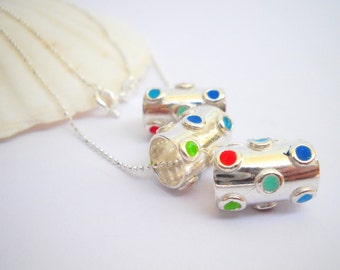 Boho Necklace, Colorful Necklace, Beaded Necklace for Women, Bead Pendant Necklace, Silver Bead Necklace, Unique Sterling Silver Pendant