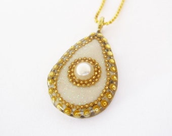 Teardrop gold pendant with a pearl, white silver pendant, Pearl necklace, gold filled chain