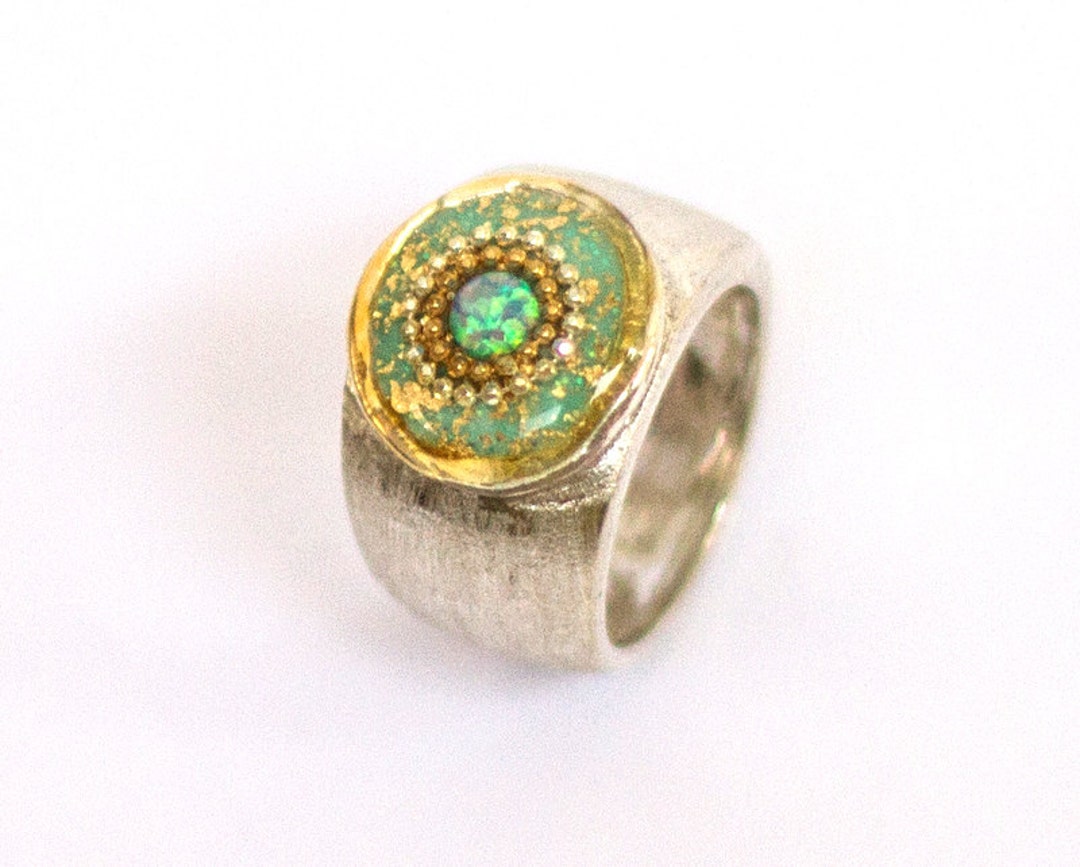 Turquoise Opal Silver Ring, Mint Green Top With Gold Leafs and Golden ...