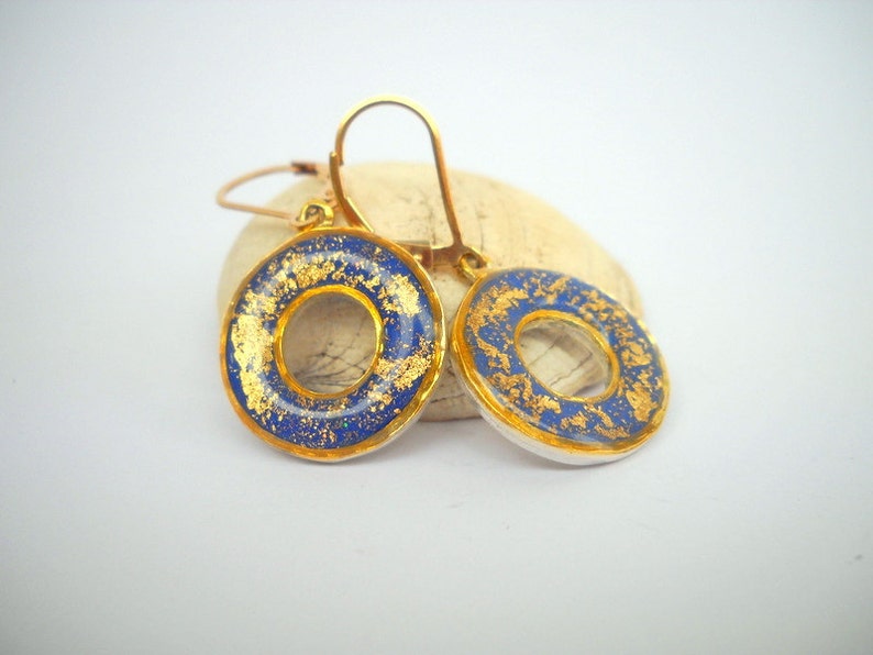Gold Dangle Earrings, Blue Earrings, Dangle Hoop Earrings, Blue Gold Earrings, Blue Hoop Earrings, Silver Gold Earrings, Boho Earrings image 1