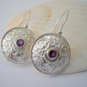 Amethyst earrings, silver earrings, Sterling silver earrings, purple Amethyst, stone earrings, flowers and leaves relief, silver jewelry