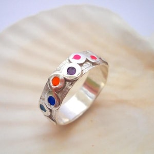 Sterling Silver Rainbow Ring, Multicolor Band Ring, Colorful Stackable Ring, Jewelry Gift For Women, Boho Chic Statement Ring