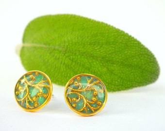 Gold green earrings, Sterling silver round post earrings, golden filigree fill, teal gold earrings, Israeli jewelry by Hila Welner