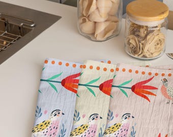 Folk Art Quails & Flowers Geschirrtuch: Bio-Baumwolle Hanf Oder Baumwolle Leinen-Küchendeko