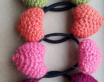 Crocheted Heart Elastic Hair Ties Set of 2 Barrette Bobbies Ballies Puffy Heart Crochet Hair Fashion