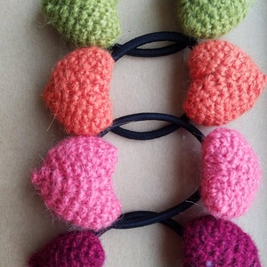 Crocheted Heart Elastic Hair Ties Set of 2 Barrette Bobbies Ballies Puffy Heart Crochet Hair Fashion