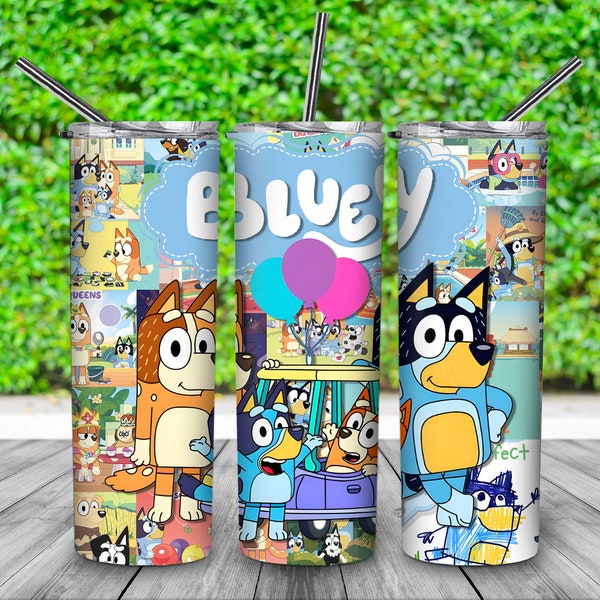 Blue Dog 20oz Skinny Tumbler Wrap PNG, Cartoon Characters Tumbler PNG Sublimation Designs, Childrens Cartoon Tumbler Wrap For Kids PNG