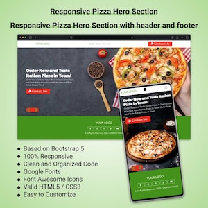 May include: A website design mockup showcasing a responsive pizza hero section. The design includes a laptop and a smartphone displaying a pizza restaurant's website. The design features a pizza, text, and a call to action button.