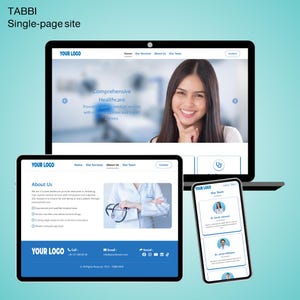 Puede incluir: Una maqueta digital de un sitio web para un proveedor de atención médica, que se muestra en una computadora portátil, una tableta y un teléfono inteligente. El sitio incluye una mujer sonriente, el texto "Comprehensive Healthcare" y secciones para servicios, sobre nosotros e información del equipo.