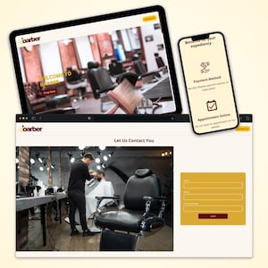 Peut inclure: Affichage numérique d'un site web de salon de coiffure sur une tablette et un ordinateur portable. Un smartphone affiche les options de paiement et de rendez-vous. Le site web présente un intérieur de salon de coiffure et un formulaire de contact.