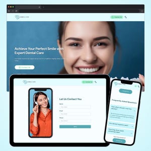 Puede incluir: Diseño de sitio web para una clínica dental, que se muestra en una computadora portátil, una tableta y un teléfono inteligente. El sitio web presenta a una mujer sonriente y el texto "Achieve Your Perfect Smile with Expert Dental Care."