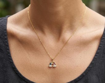 Rainbow Necklace, Gold Rainbow Pendant Necklace, CZ Crystal Necklace, Colorful Gold Jewelry, Dainty Necklace, Gift for Her