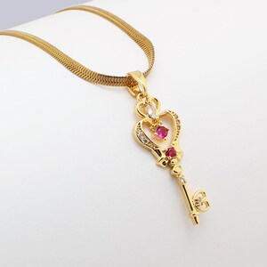 Gold Heart Key Pendant Necklace: Red Crystal Love Symbol