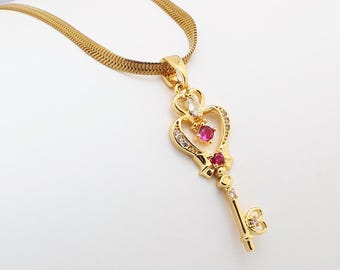 Gold Heart Key Pendant Necklace: Red Crystal Love Symbol
