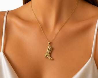 Gold Cowboy Boot Pendant Necklace, Western Cowgirl Jewelry, Brass Chain
