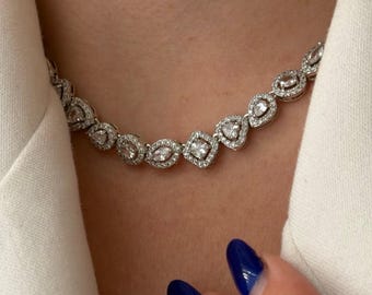 Collar gargantilla de tenis de lujo, joyería nupcial glamurosa, collar en V brillante estilo diamante.
