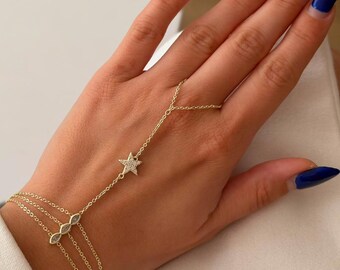 Gold Star Hand Chain Shahmaran Dainty Celestial Hand Jewelry
