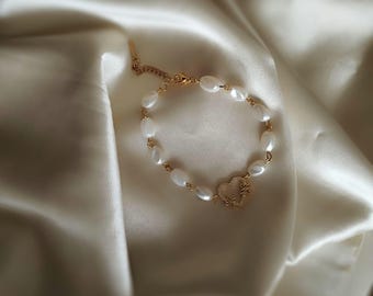 Zircobic Braccialetto elastico con perle naturali a forma di cuore