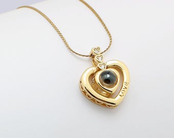Gold Heart Projection Necklace, I Love You 100 Languages Pendant