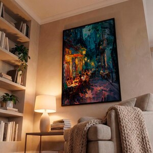 Impasto Night Cafe Print - Italian Alley Dining Art. Vibrant Warm and Cool Cityscape Canvas. image 3