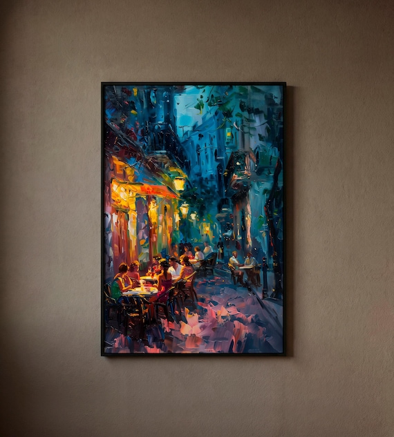 Impasto Night Cafe Print - Italian Alley Dining Art. Vibrant Warm and Cool Cityscape Canvas.