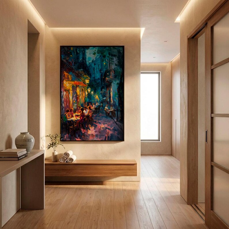 Impasto Night Cafe Print - Italian Alley Dining Art. Vibrant Warm and Cool Cityscape Canvas. image 2
