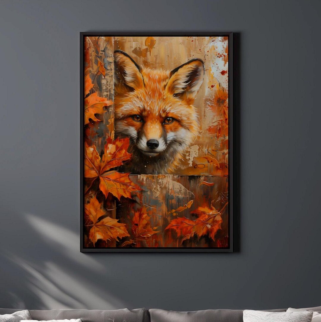 Red Fox Autumn Portrait | Rustic Fall Leaves Painting | Orange and ...