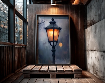 Victorian Street Lamp Painting | Moody Foggy Night Wall Art | Impressionist Lamppost Canvas | Dark Academia Home Decor | London Street Art