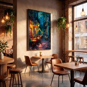 Impasto Night Cafe Print - Italian Alley Dining Art. Vibrant Warm and Cool Cityscape Canvas. image 6