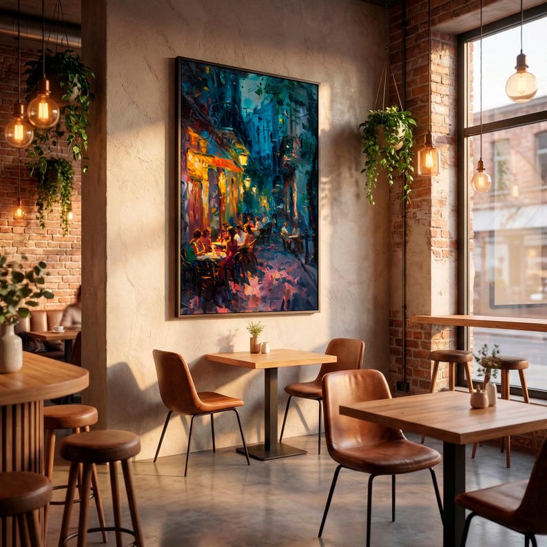 Impasto Night Cafe Print - Italian Alley Dining Art. Vibrant Warm and Cool Cityscape Canvas. image 6