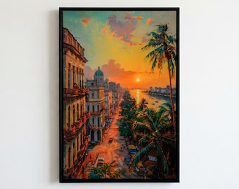 Impresión callejera al atardecer en La Habana - Arte vibrante de viaje a Cuba. Pintura en lienzo de paisaje urbano con empastado tropical.